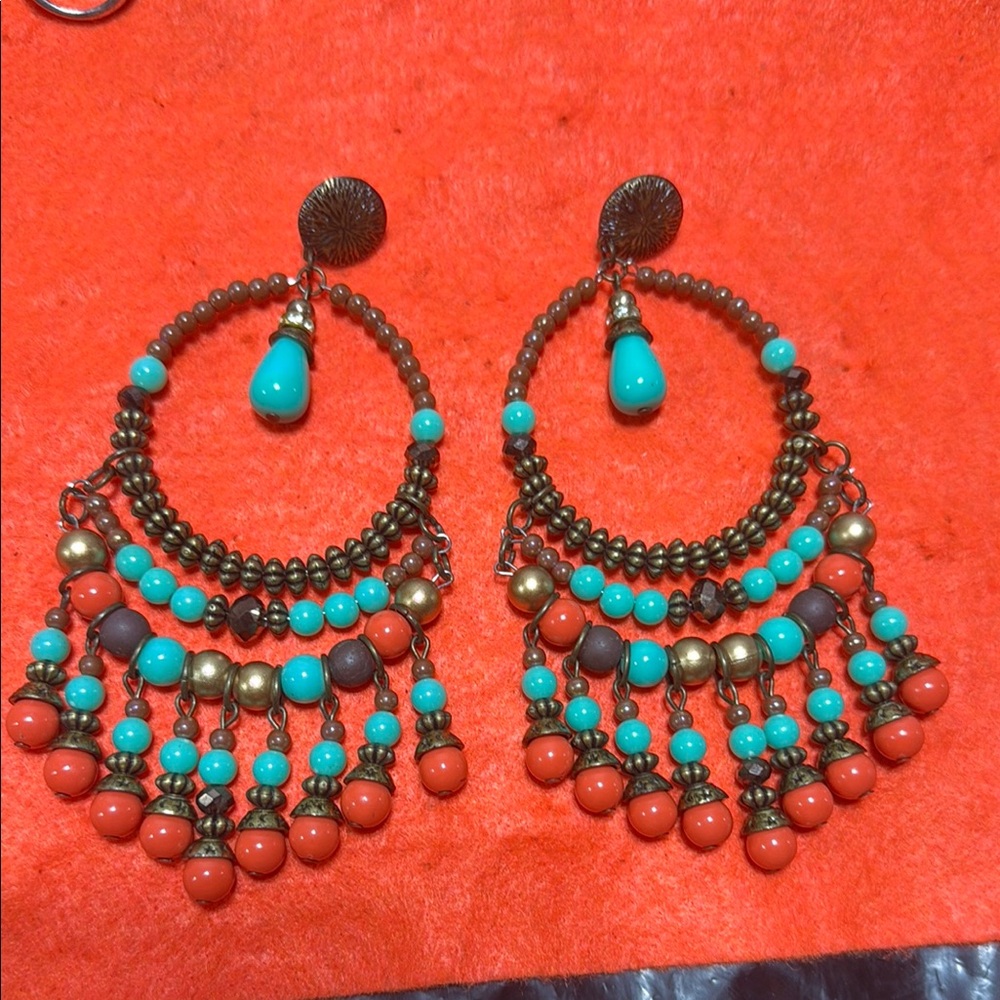 Blue and Red Chandelier Earrings with Intricate Metalwork